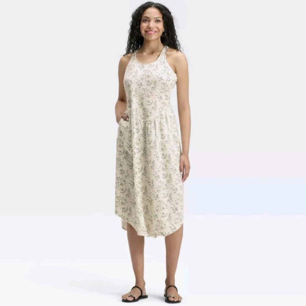 NWOT Universal Thread Womens Drop Waist Midi A-Line Dress, White Floral, Pockets